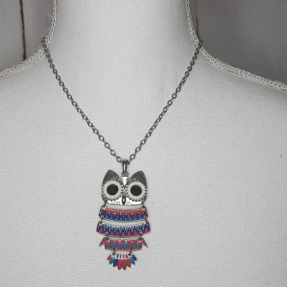 Silver Chain Owl Necklace Pink Blue Purple Accents